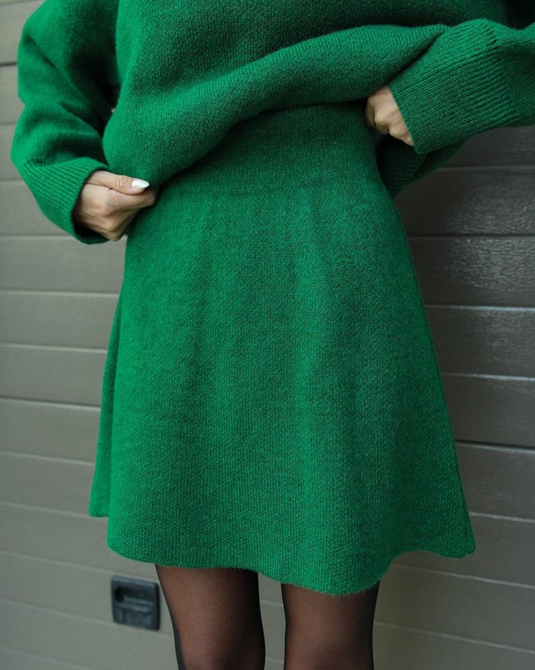 Crew Neck Oversized Knit Sweater and Mini Skirt Two Piece Set