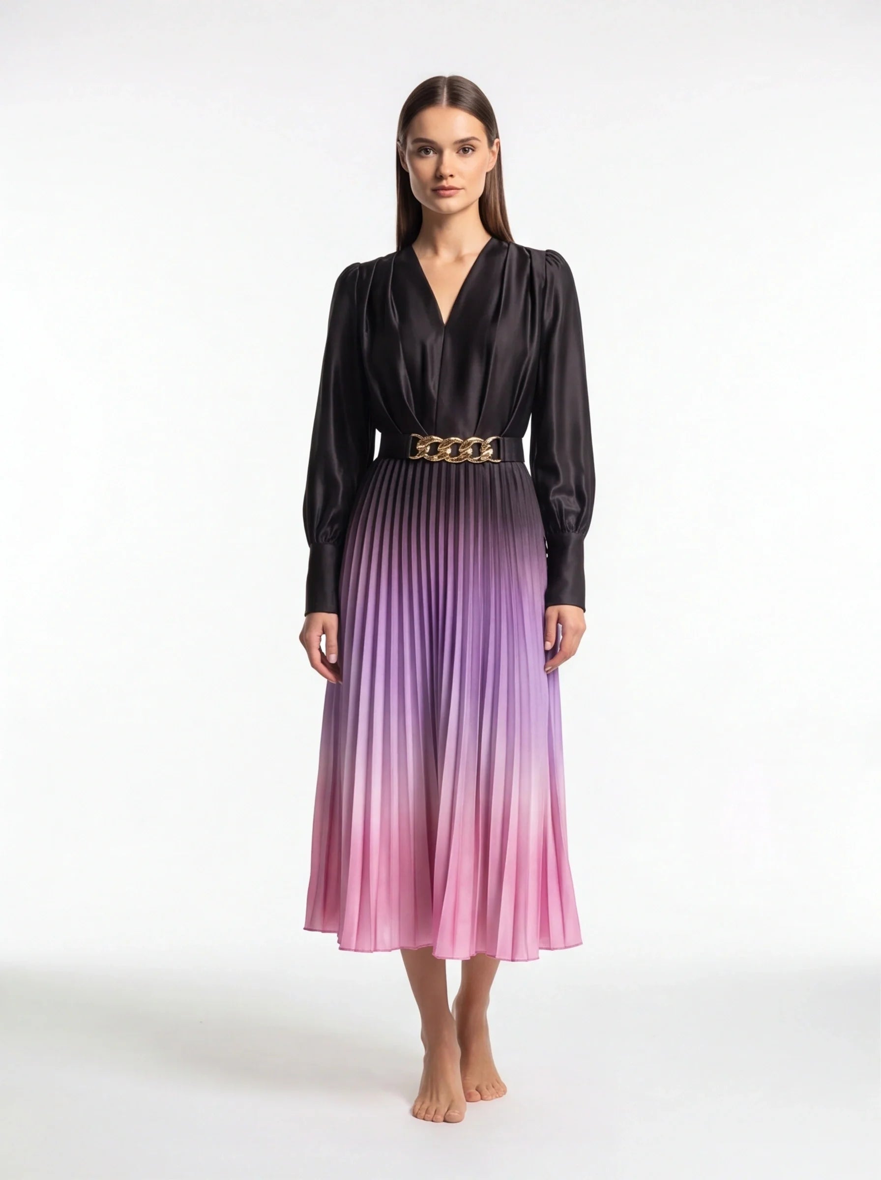 Stylish Ombre Midi Dress with Elegant Sleeves and Flattering Fit