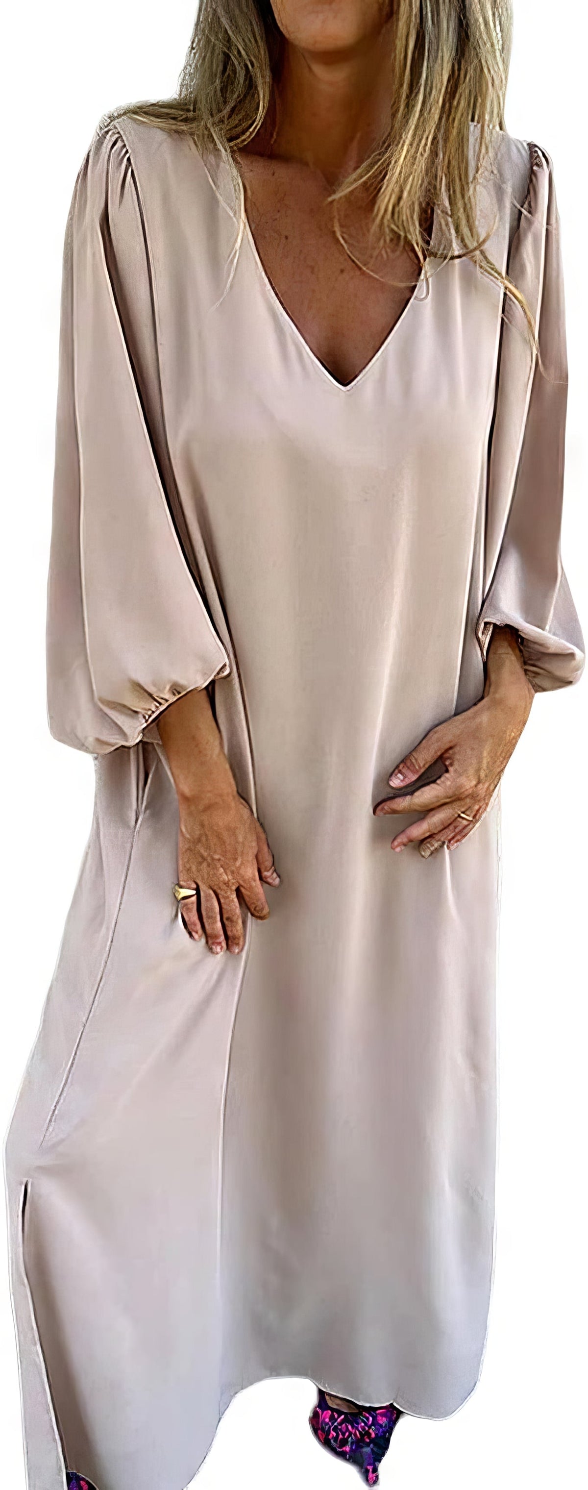V-Neck Long Sleeve Pocket Loose Maxi Dress