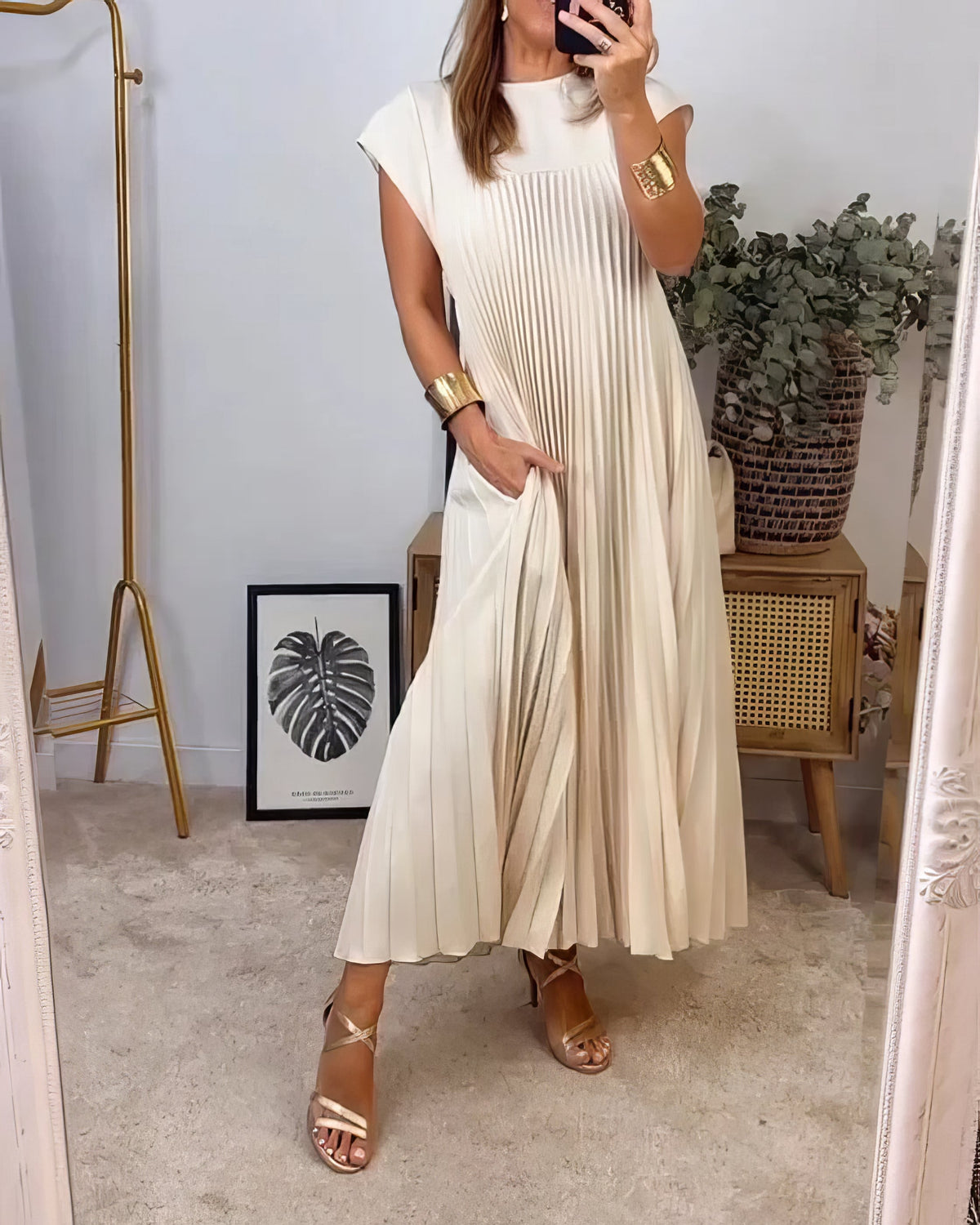 Pleated Round Neck Cap Sleeve Pocket Maxi Dress