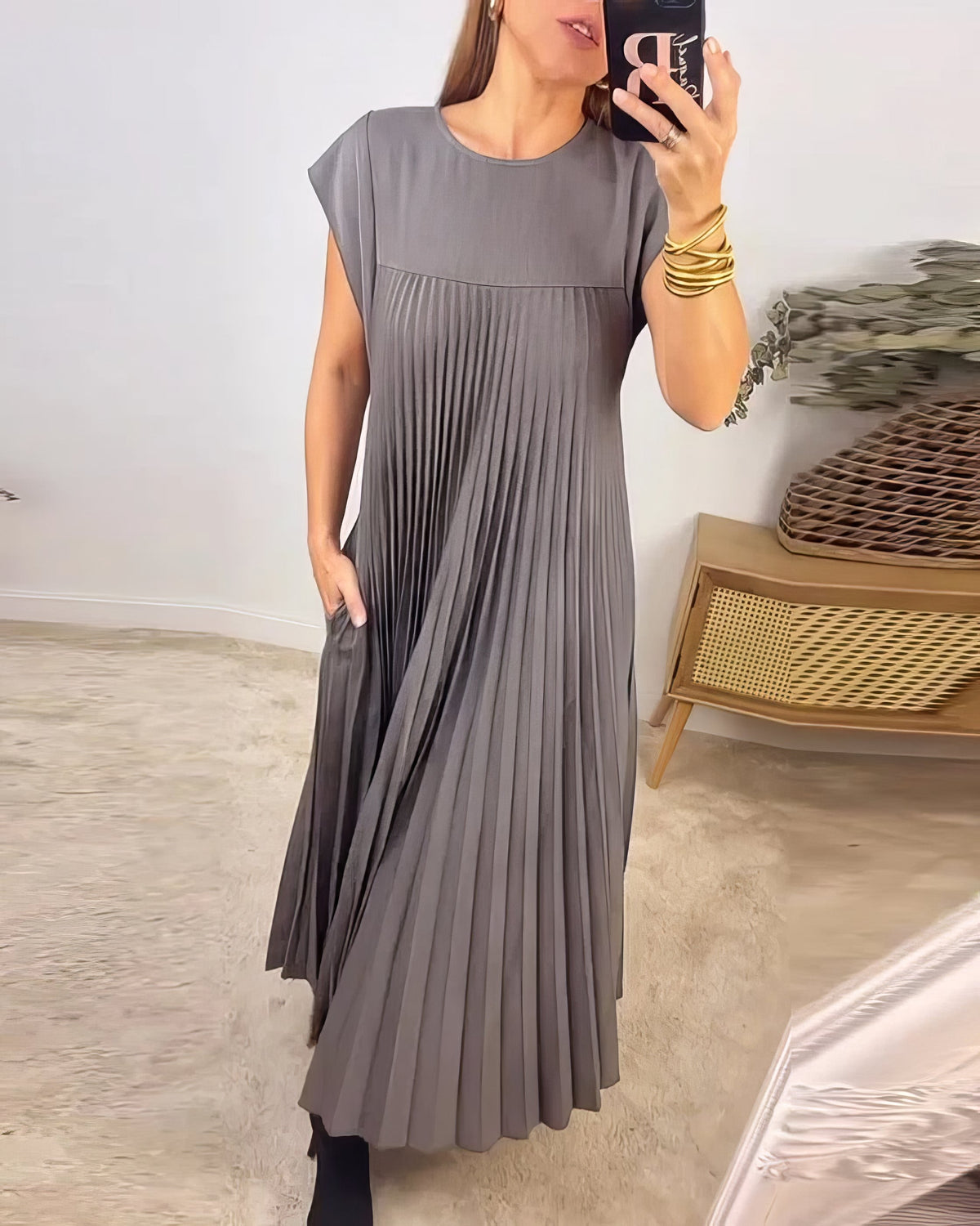 Pleated Round Neck Cap Sleeve Pocket Maxi Dress
