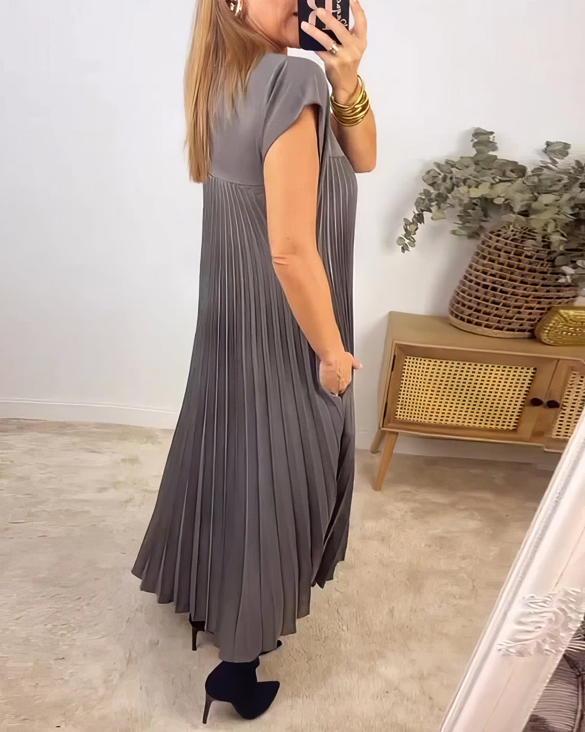 Pleated Round Neck Cap Sleeve Pocket Maxi Dress