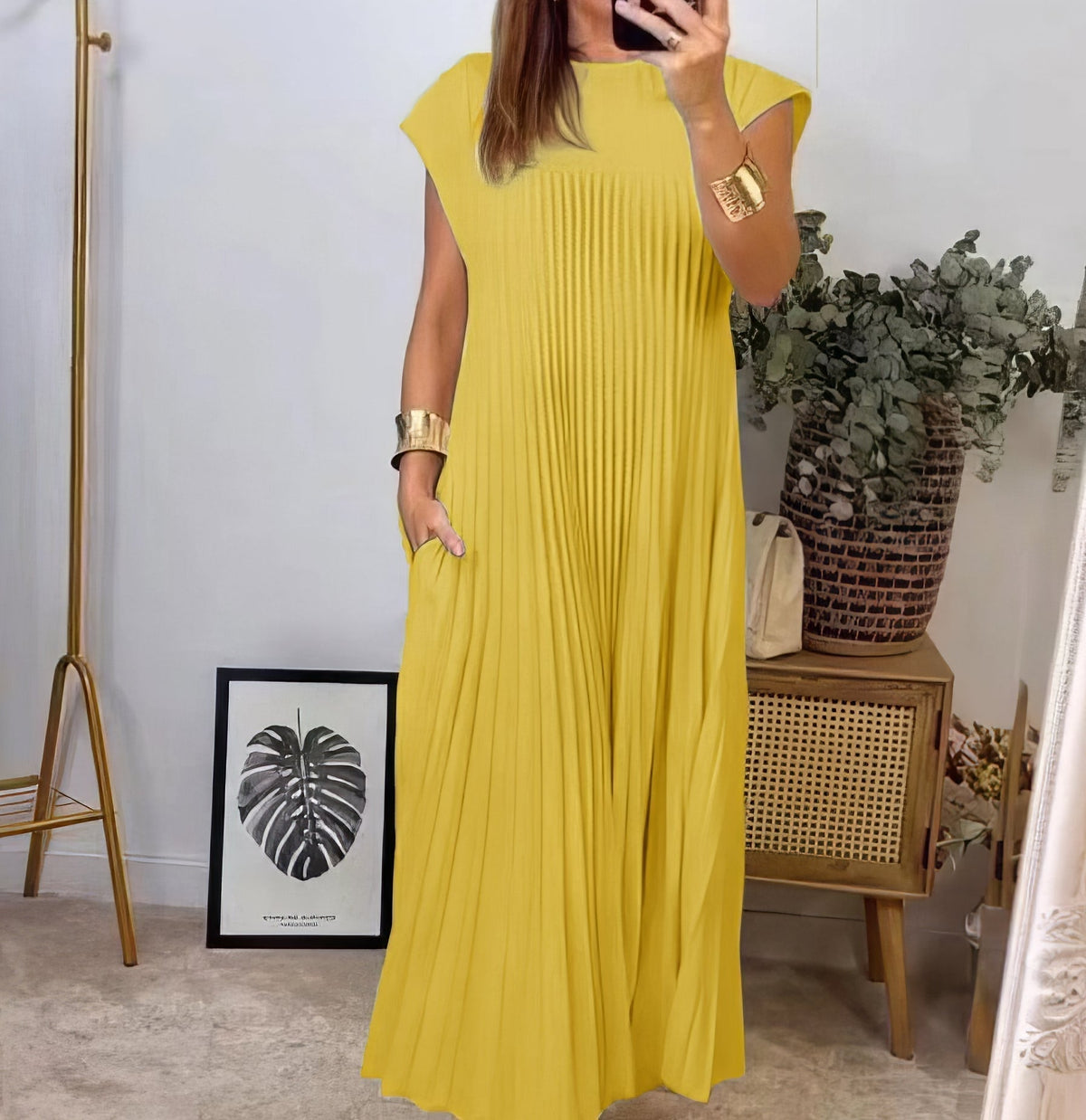 Pleated Round Neck Cap Sleeve Pocket Maxi Dress