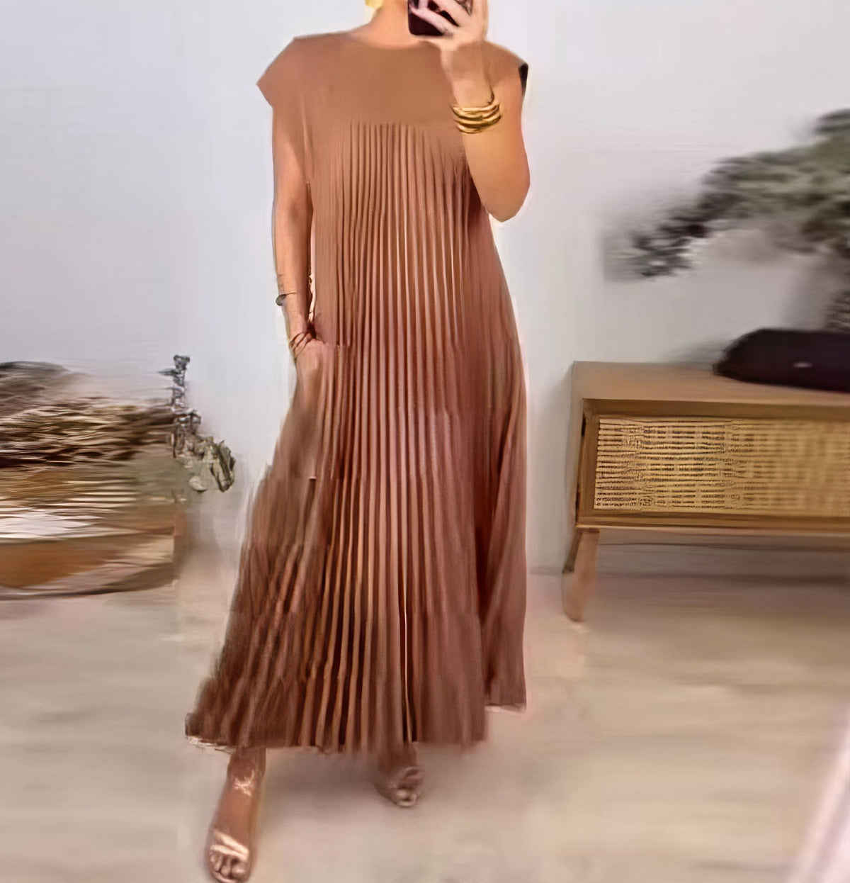 Pleated Round Neck Cap Sleeve Pocket Maxi Dress