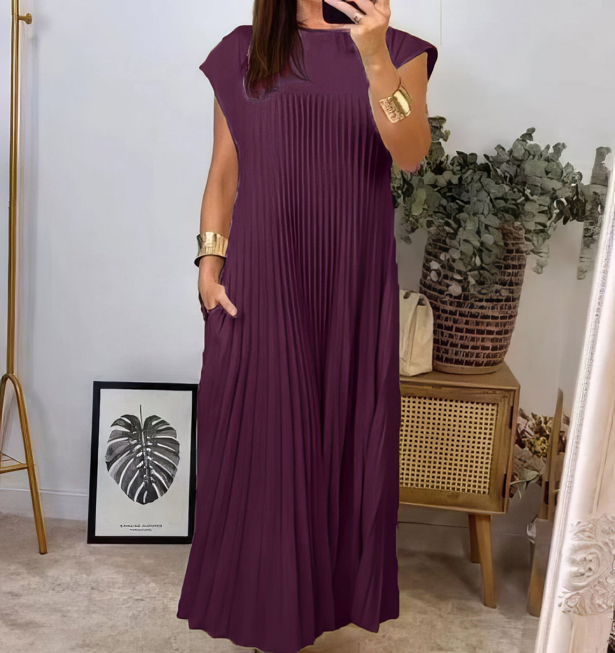 Pleated Round Neck Cap Sleeve Pocket Maxi Dress