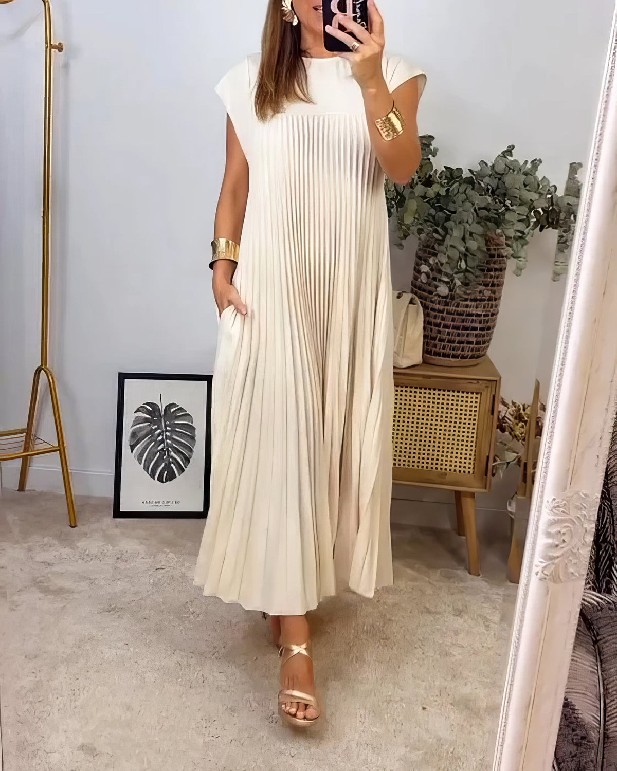 Pleated Round Neck Cap Sleeve Pocket Maxi Dress