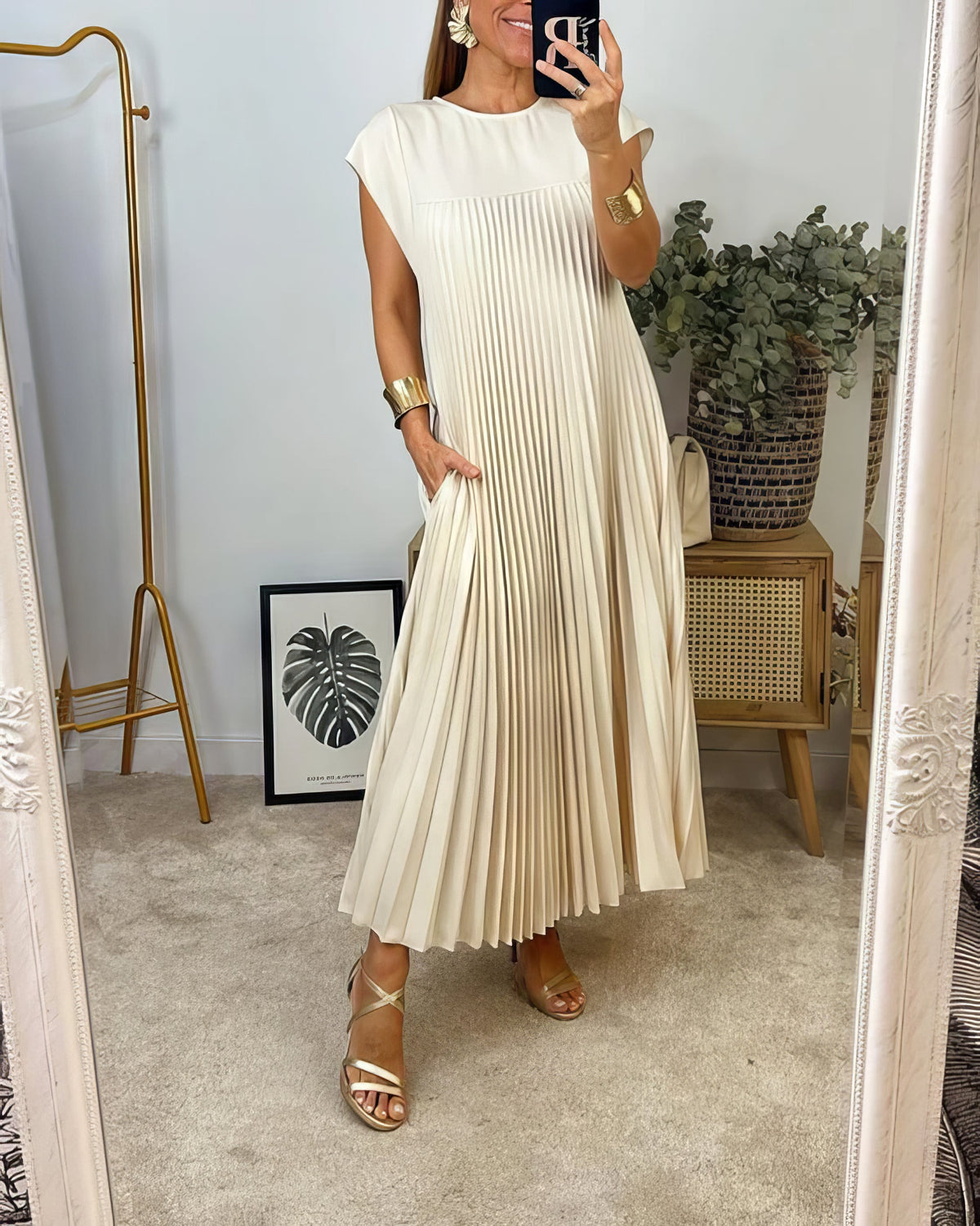 Pleated Round Neck Cap Sleeve Pocket Maxi Dress