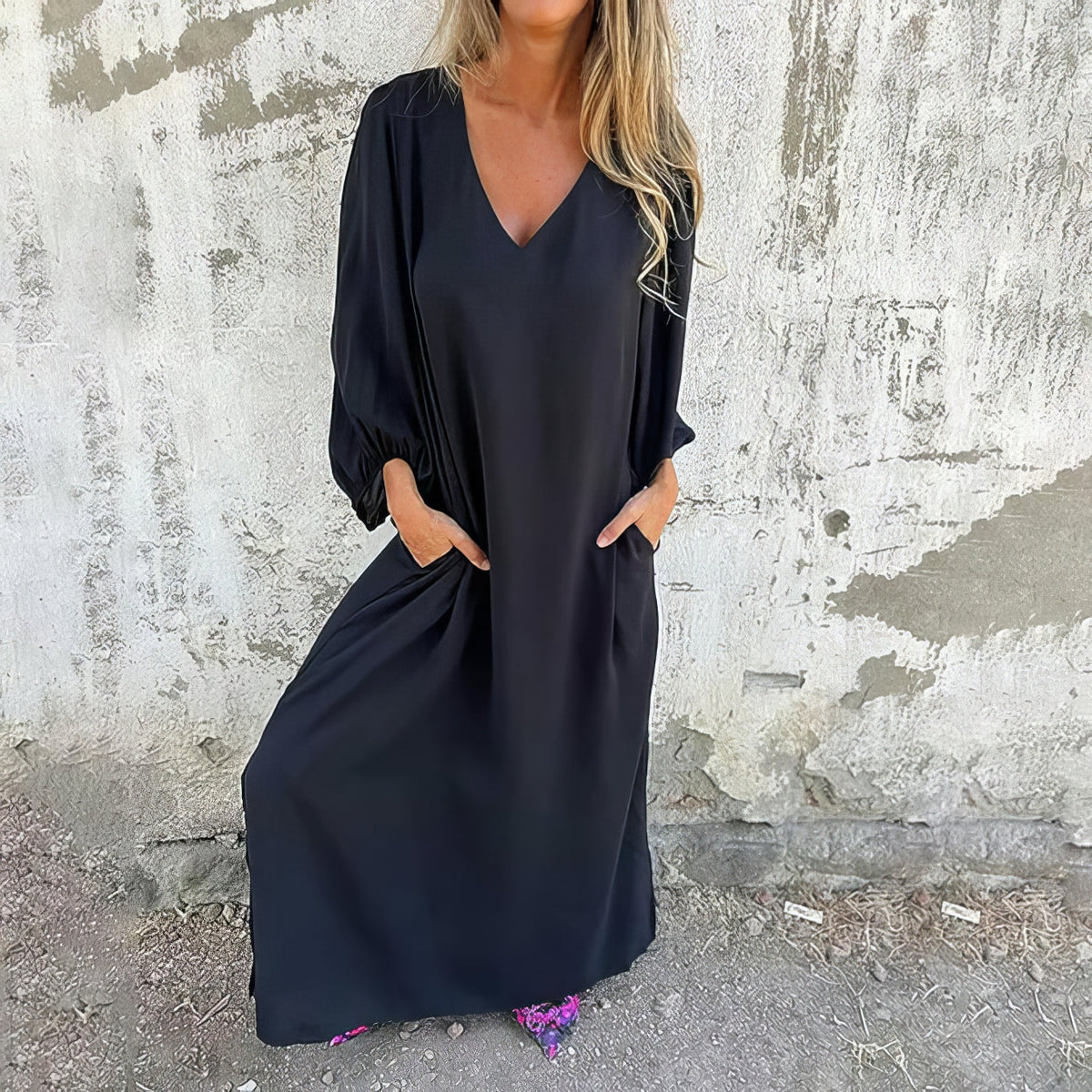 V-Neck Long Sleeve Pocket Loose Maxi Dress