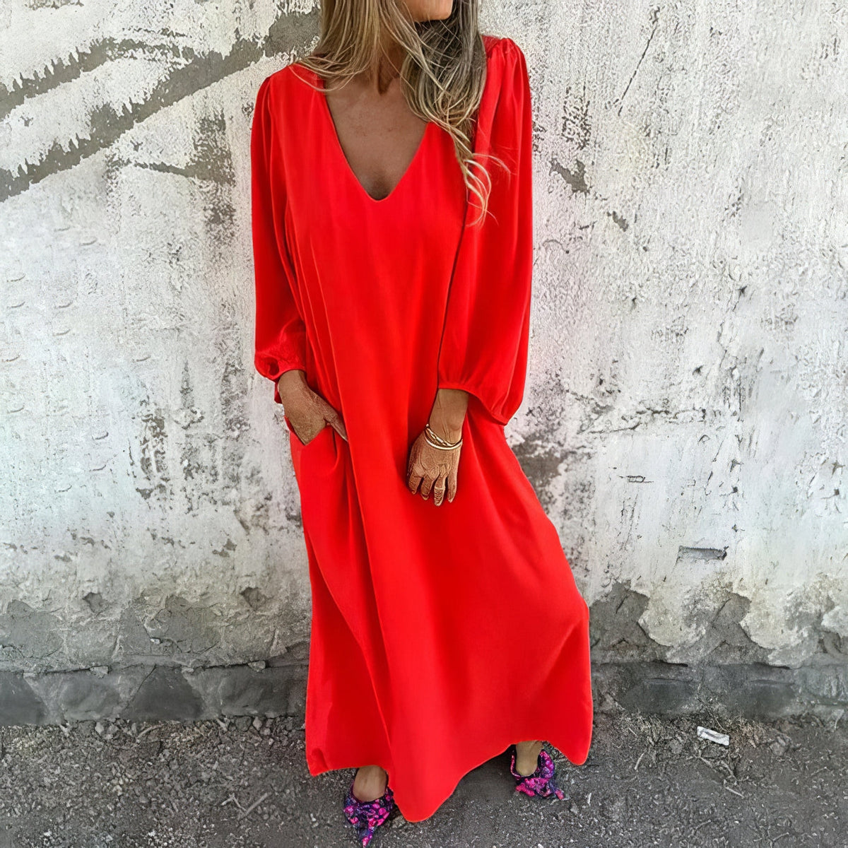 V-Neck Long Sleeve Pocket Loose Maxi Dress