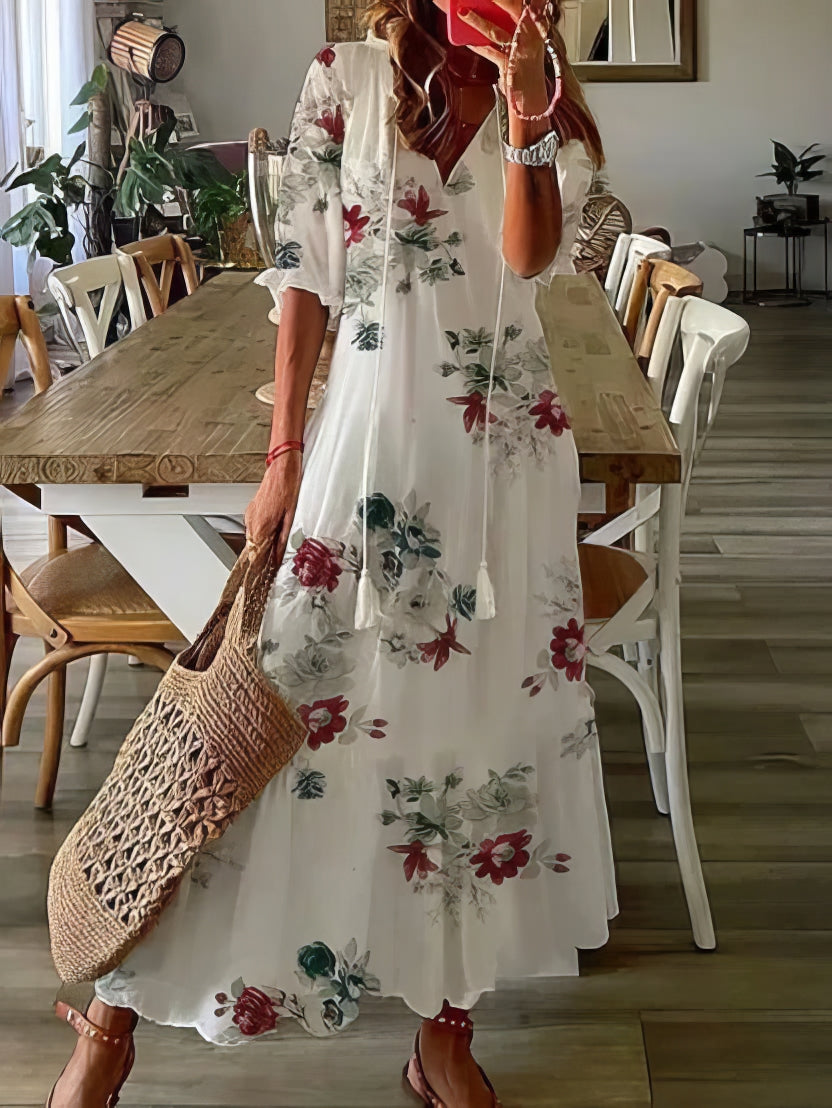 Ikat Print V-Neck Tassel Tie Tiered Maxi Dress