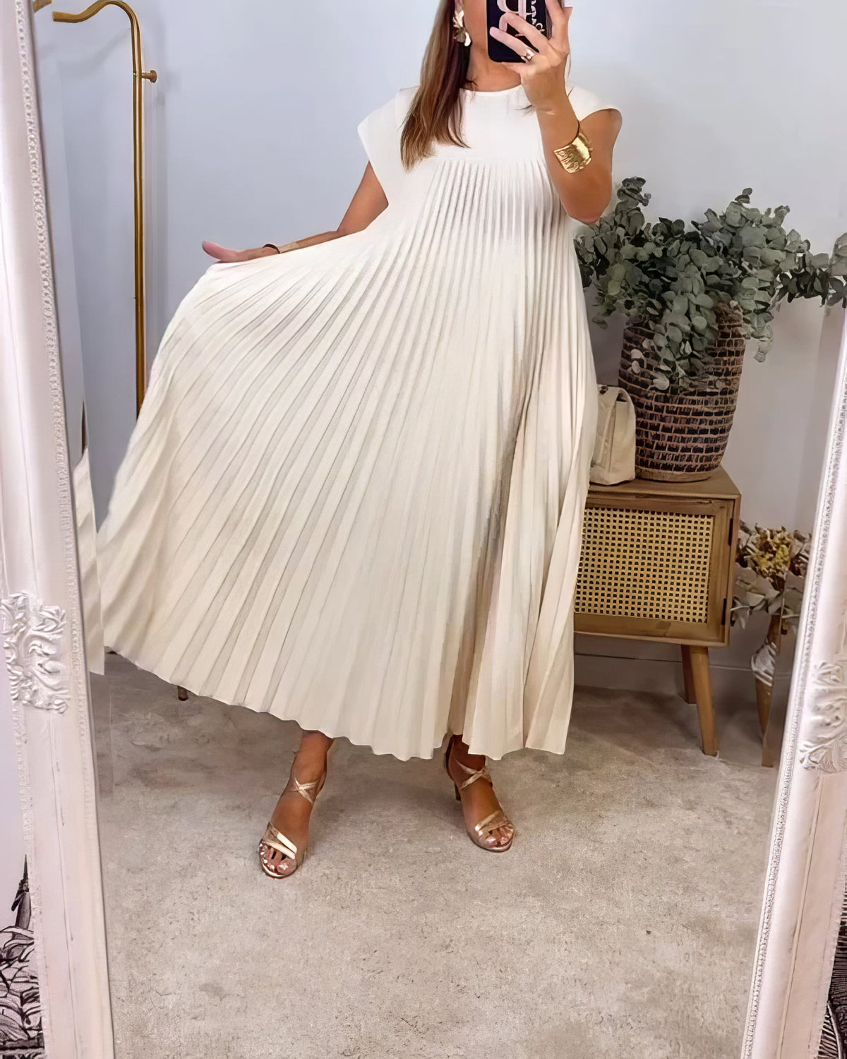 Pleated Round Neck Cap Sleeve Pocket Maxi Dress