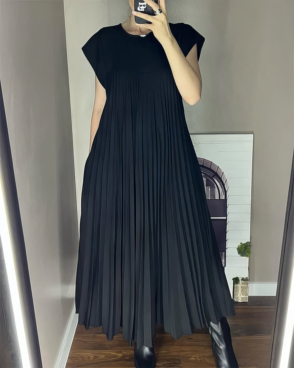 Pleated Round Neck Cap Sleeve Pocket Maxi Dress