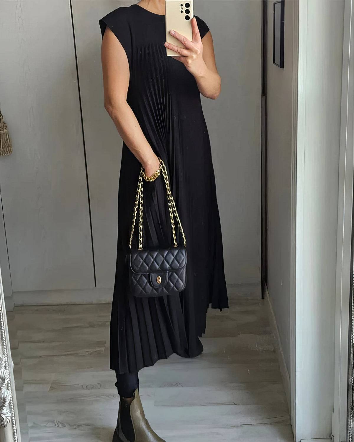 Pleated Round Neck Cap Sleeve Pocket Maxi Dress