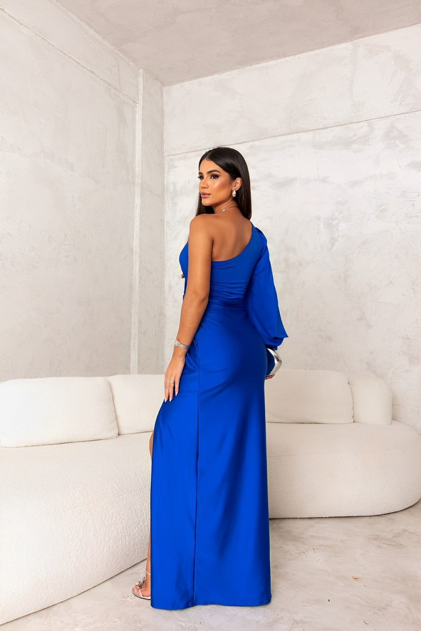 Satin One Shoulder Twist Front High Split Maxi Dress