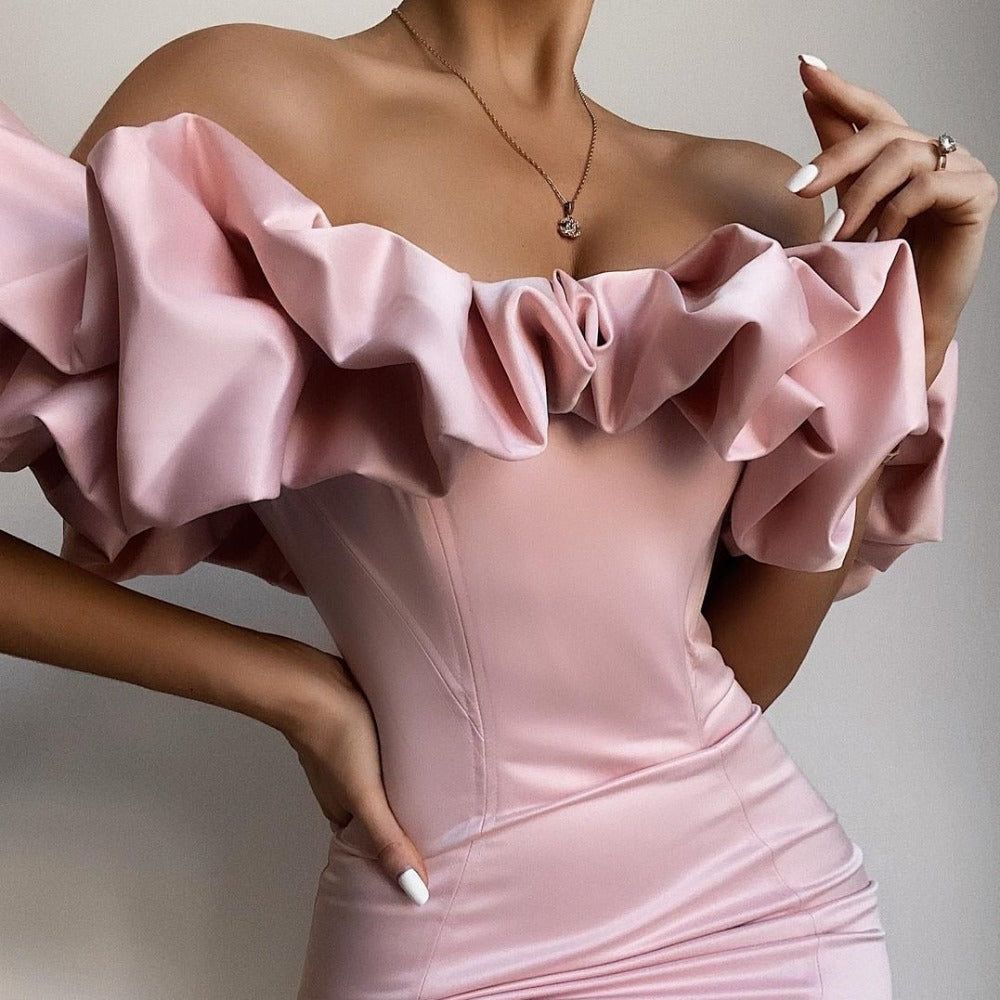 Queen Satin Ruffles Off Shoulder Mini Dress 8
