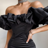 Queen Satin Ruffles Off Shoulder Mini Dress 7