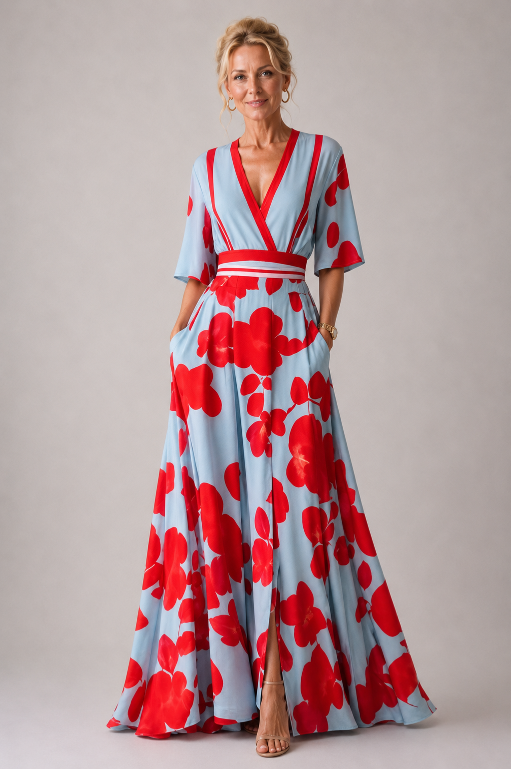 Floral V-Neck Wrap Long Sleeve Maxi Dress