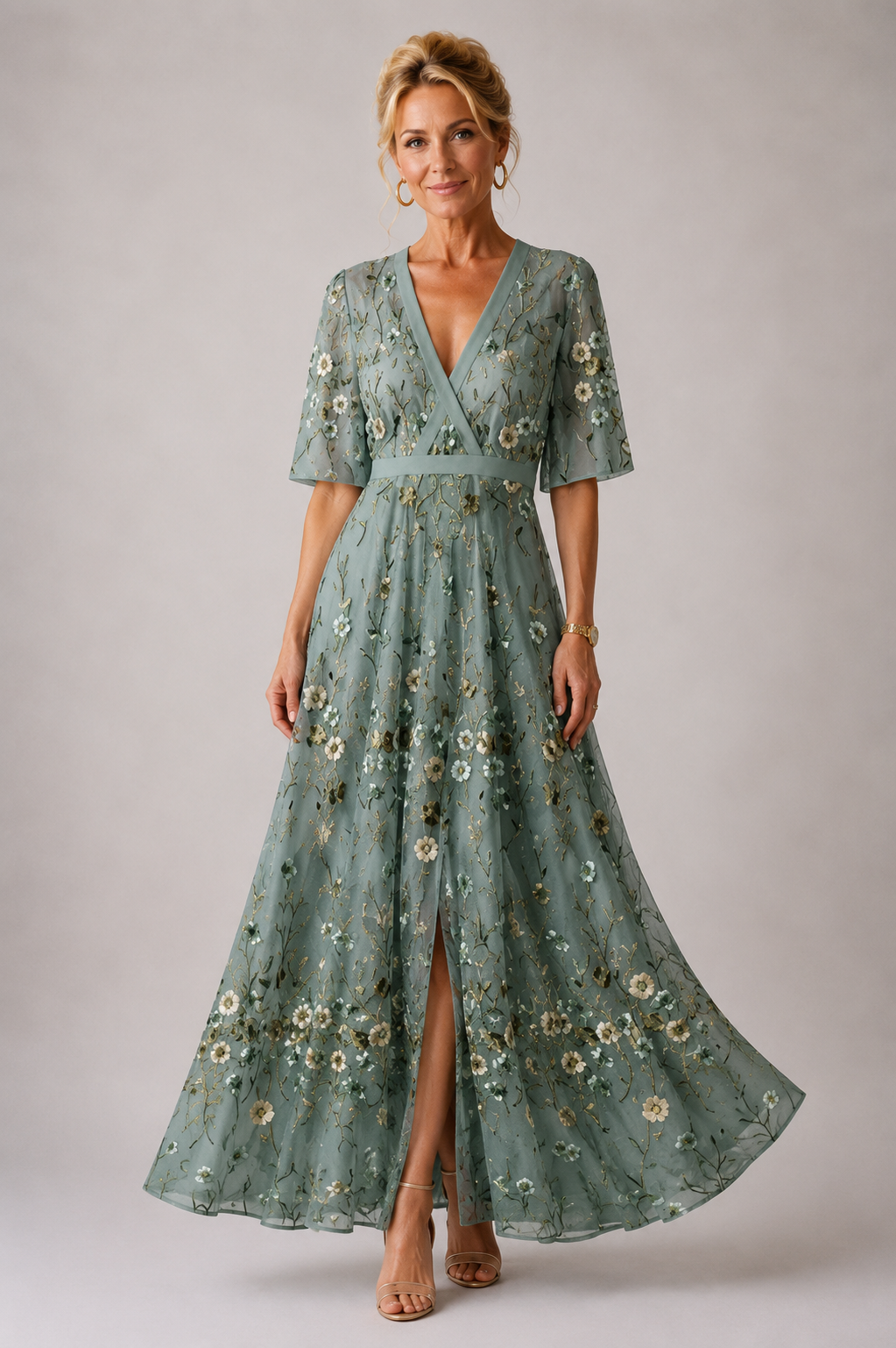 Floral V-Neck Wrap Long Sleeve Maxi Dress
