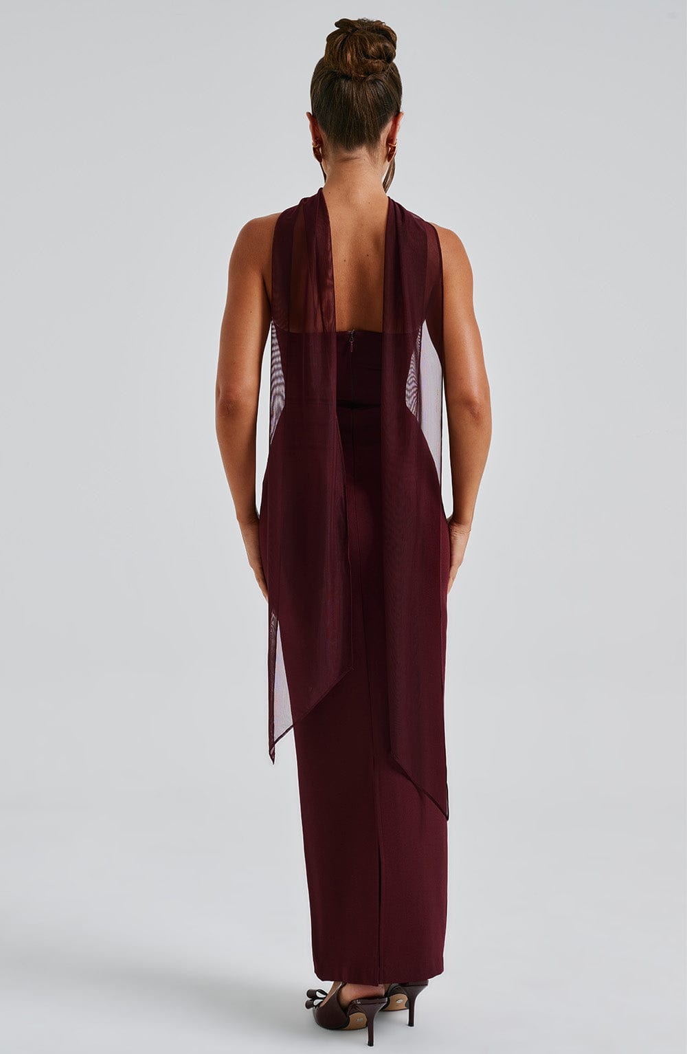 Strapless Ruched Bodycon Maxi Dress with Neck Scarf and Mesh Gloves 11