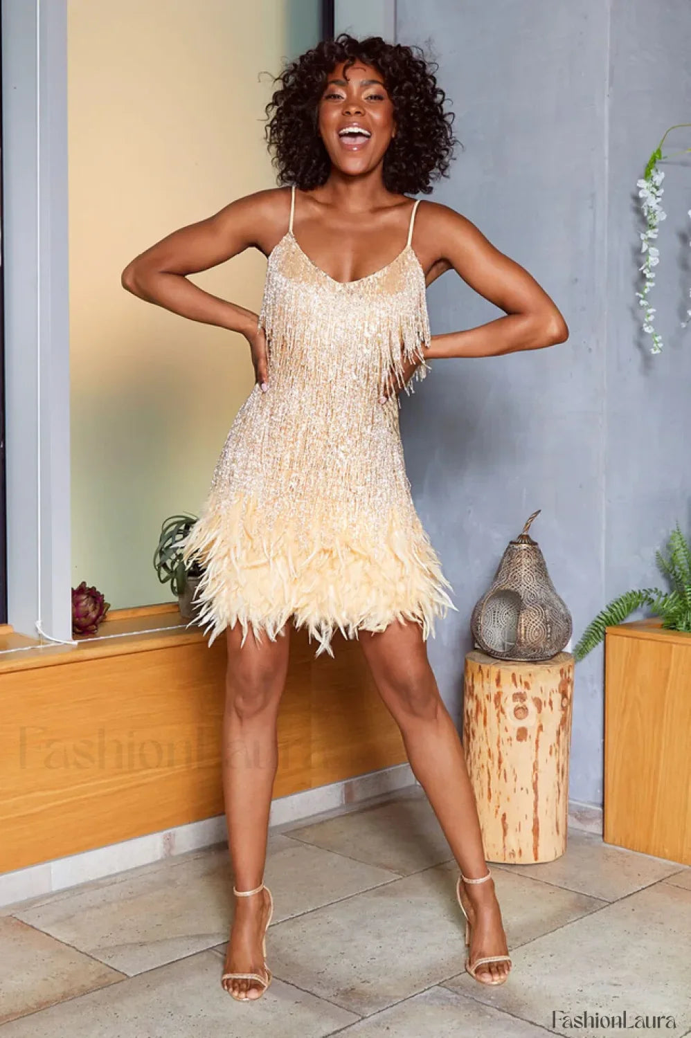 Yvonne Sequin Stylish Feather Cocktail Midi Dress