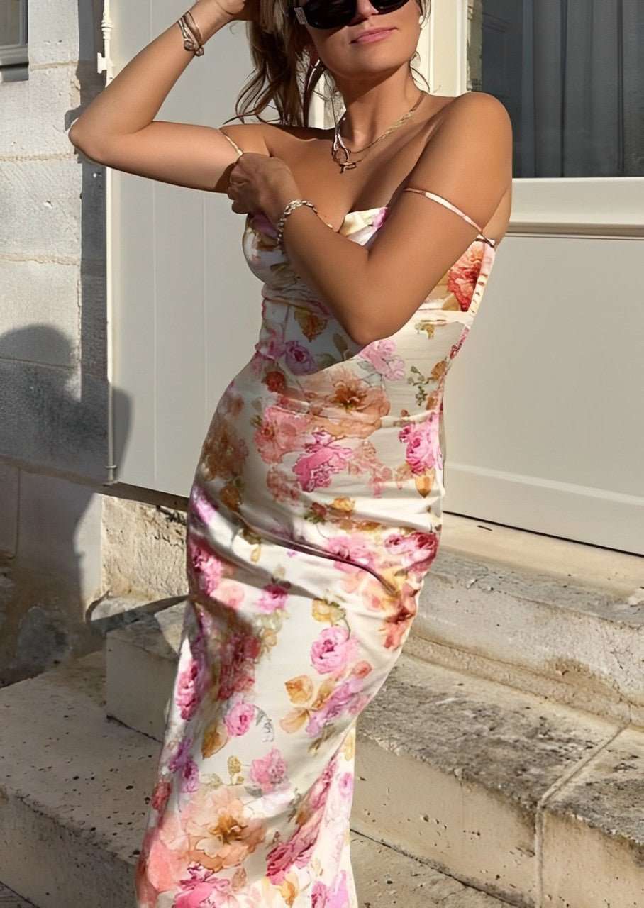 Floral Satin Sweetheart Neck Ruched Bust Spaghetti Strap Maxi Dress 9