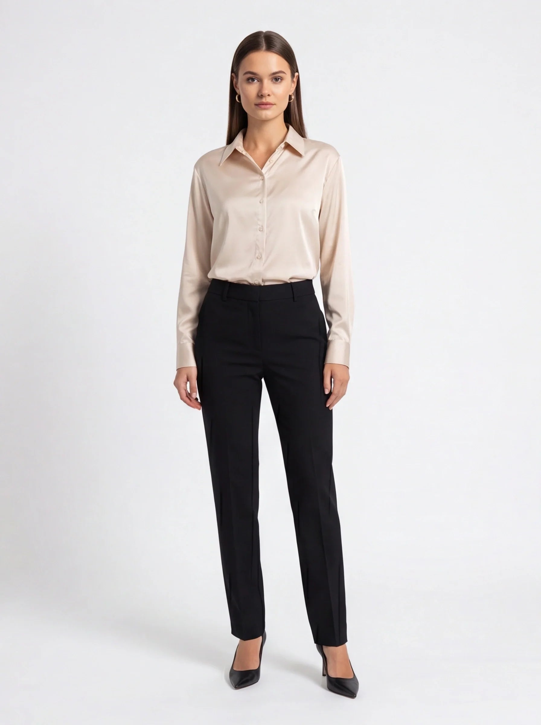 Elegant White Silk Blouse with Tailored Fit and Button Details - Jamota