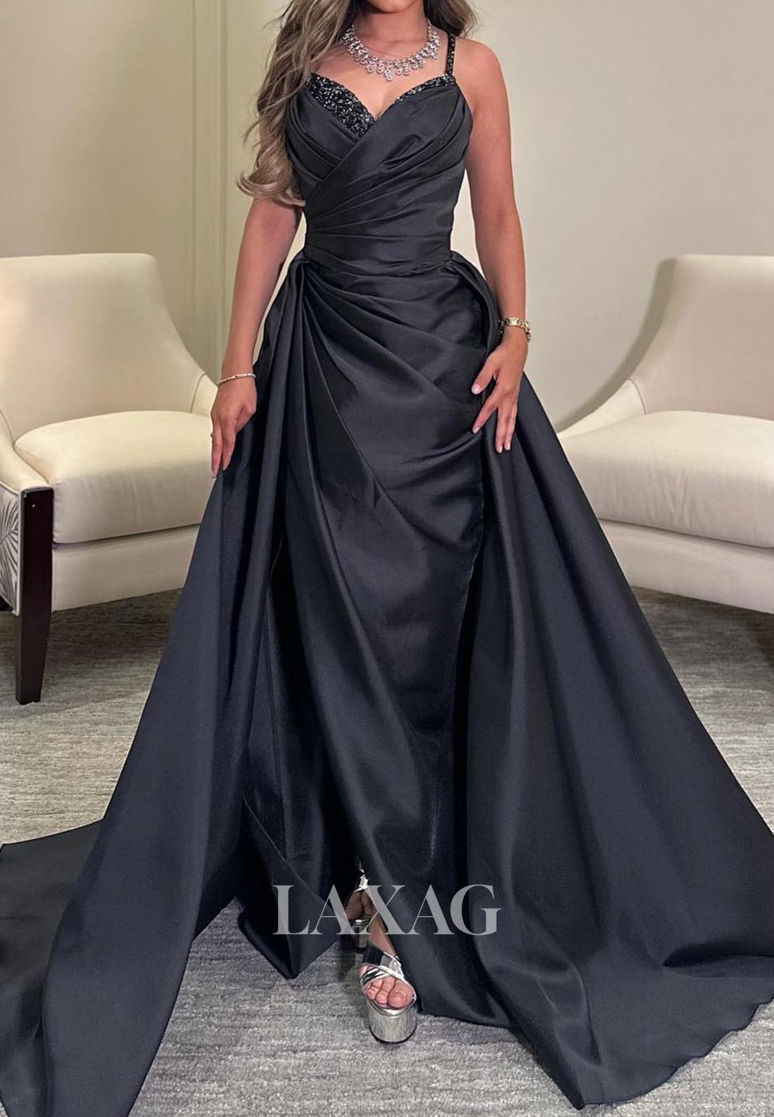 Beaded V-Neck Spaghetti Straps Formal Gowns Sleeveless Pleated Satin Mermaid Evening Dress