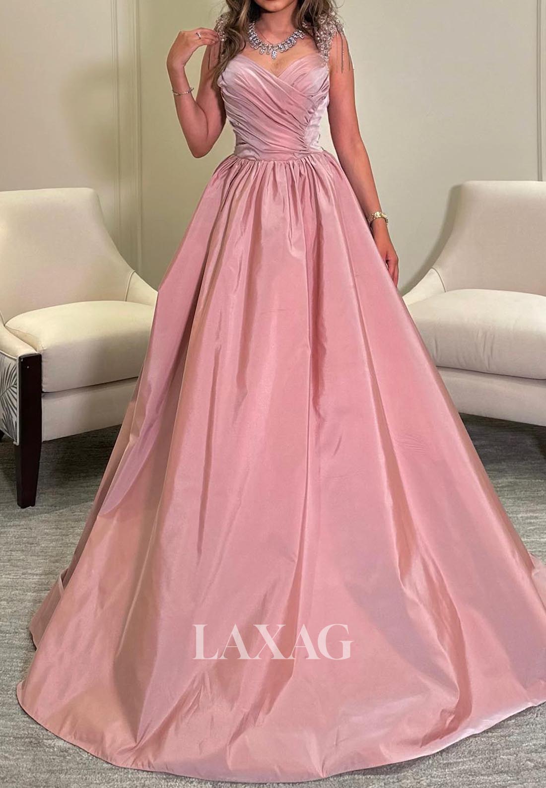 V-Neck Beaded-Straps Sleeveless Pleated Floor-Length Satin A-Line Formal Evening Dress