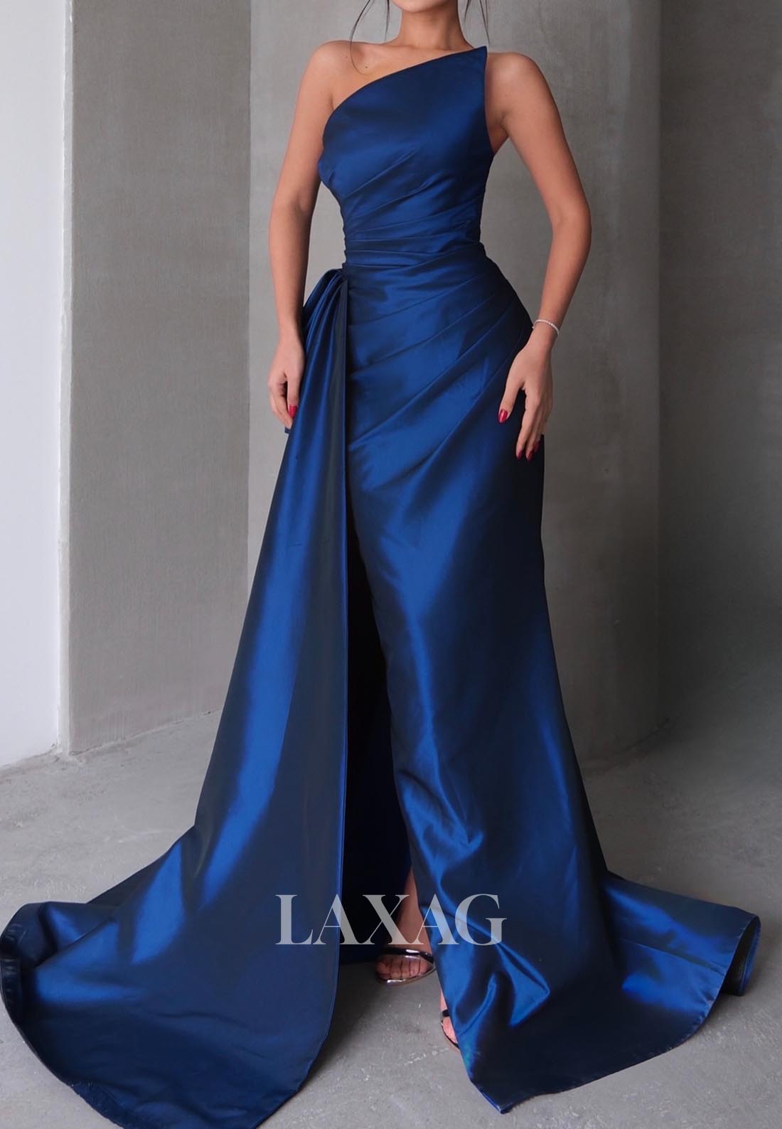 Sleeveless Off-Shoulder Pleated Formal Gowns Asymmetrical-Neck Satin Mermaid Evening Dress
