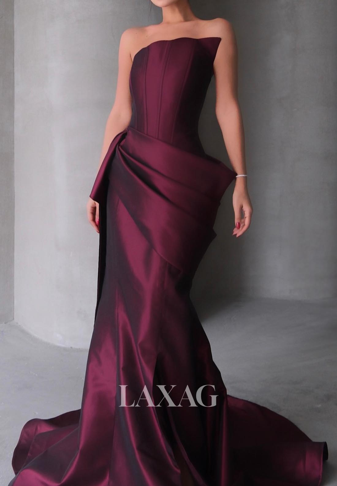 Asymmetrical-Neck Sleeveless Mermaid Evening Dress Off-Shoulder Pleated Satin Formal Gowns