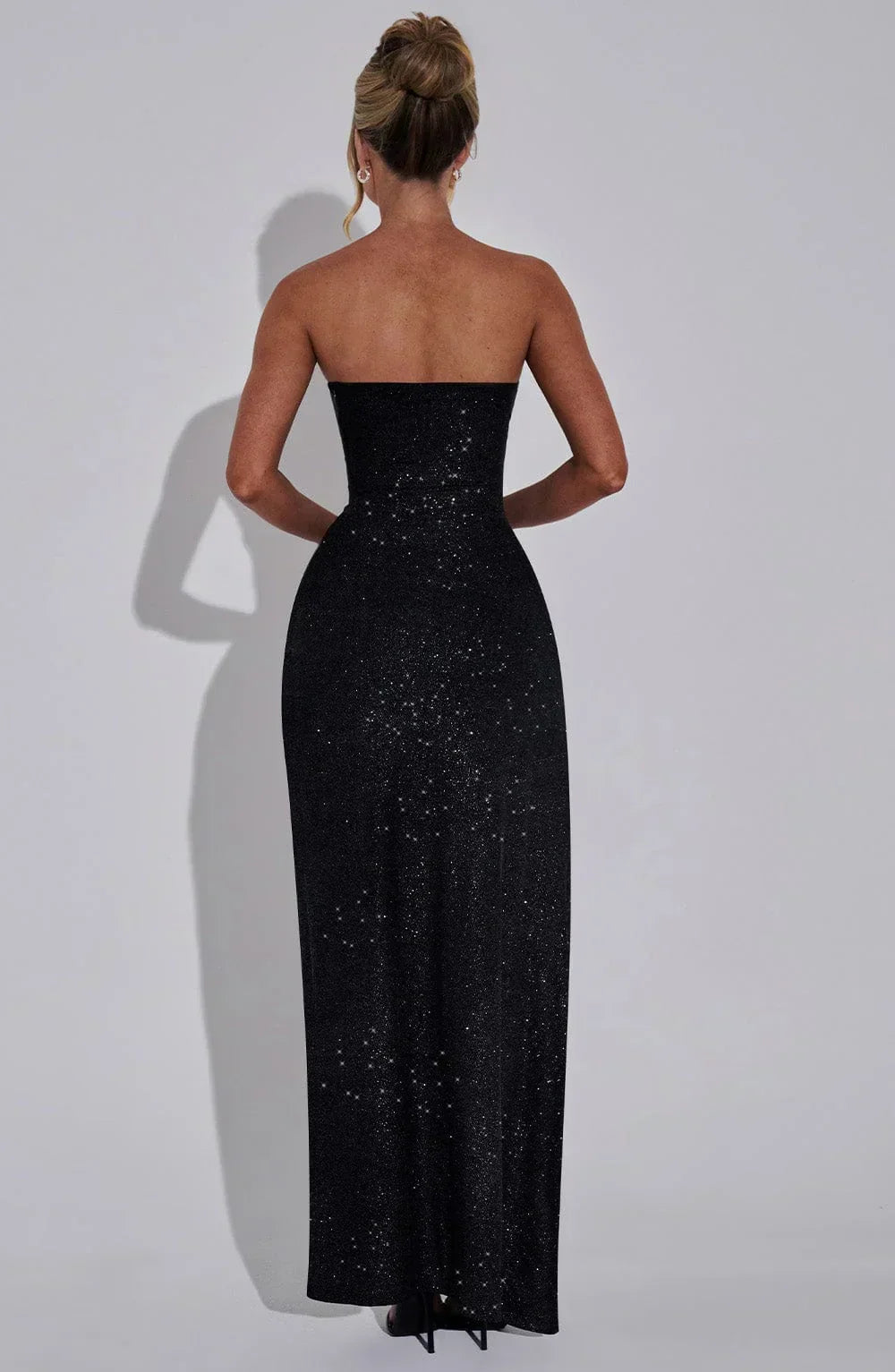 Glitter Strapless Straight Neck Draped High Split Maxi Dress 6