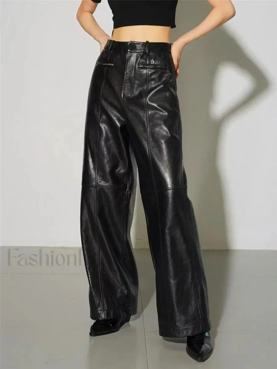 Zippered Faux Leather Trendy Straight Leg Mid waist Pants Black / XS Pants