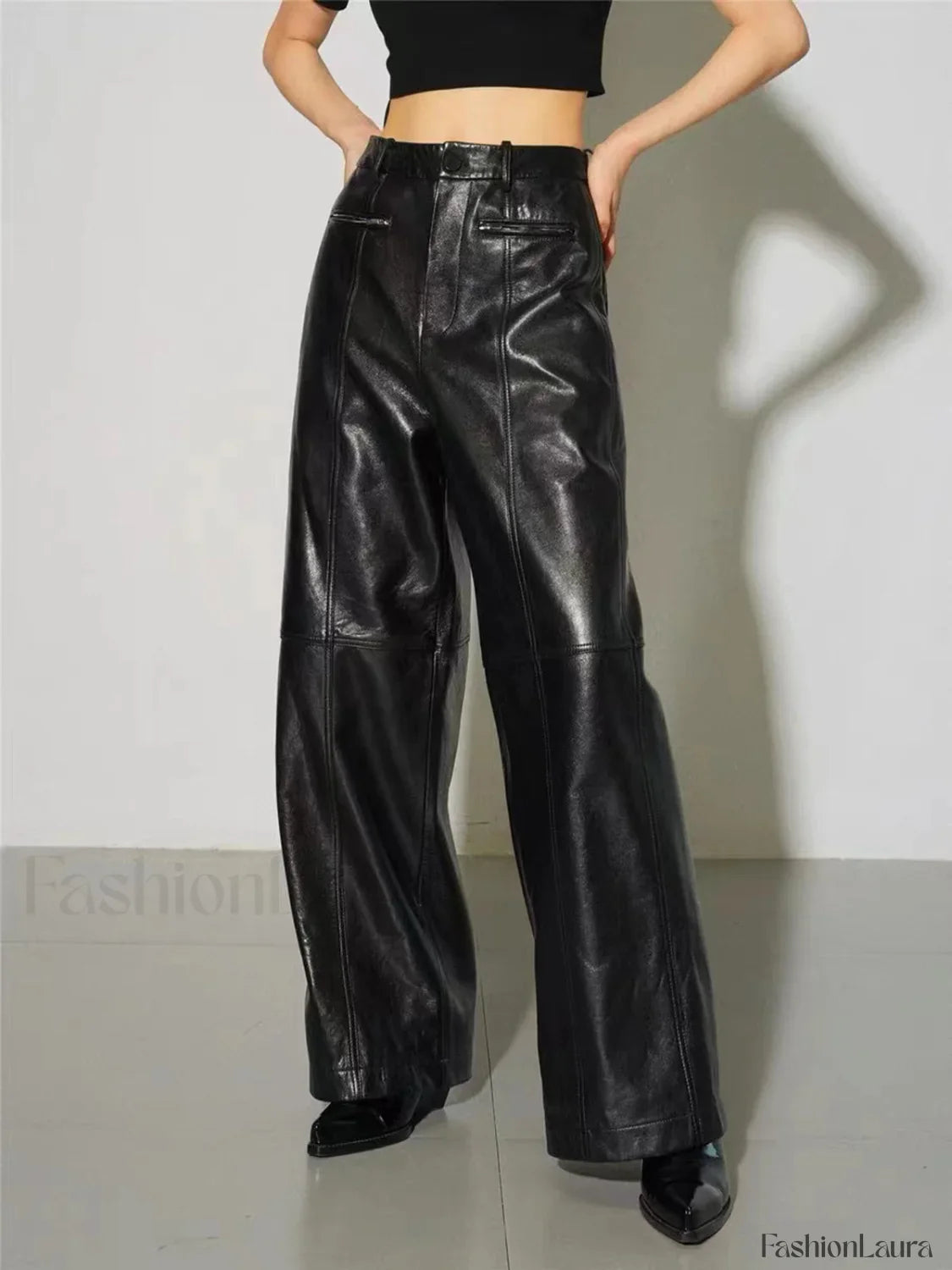 Zippered Faux Leather Trendy Straight Leg Mid-waist Pants
