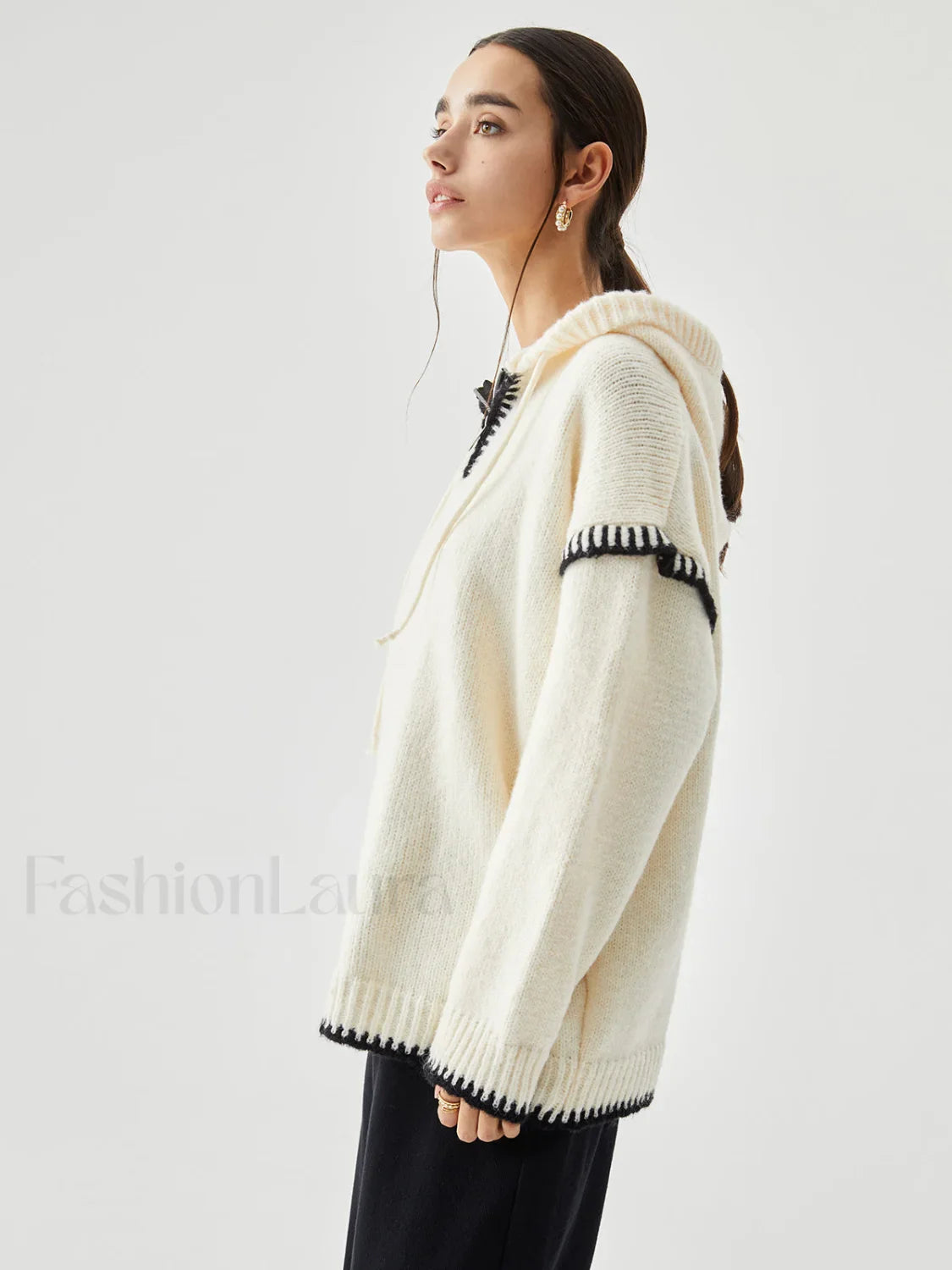 Zippered Hooded Graceful Contrast Trim Sweater