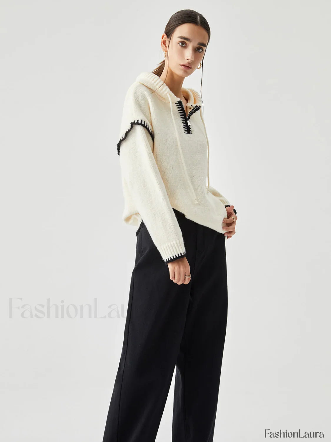 Zippered Hooded Graceful Contrast Trim Sweater