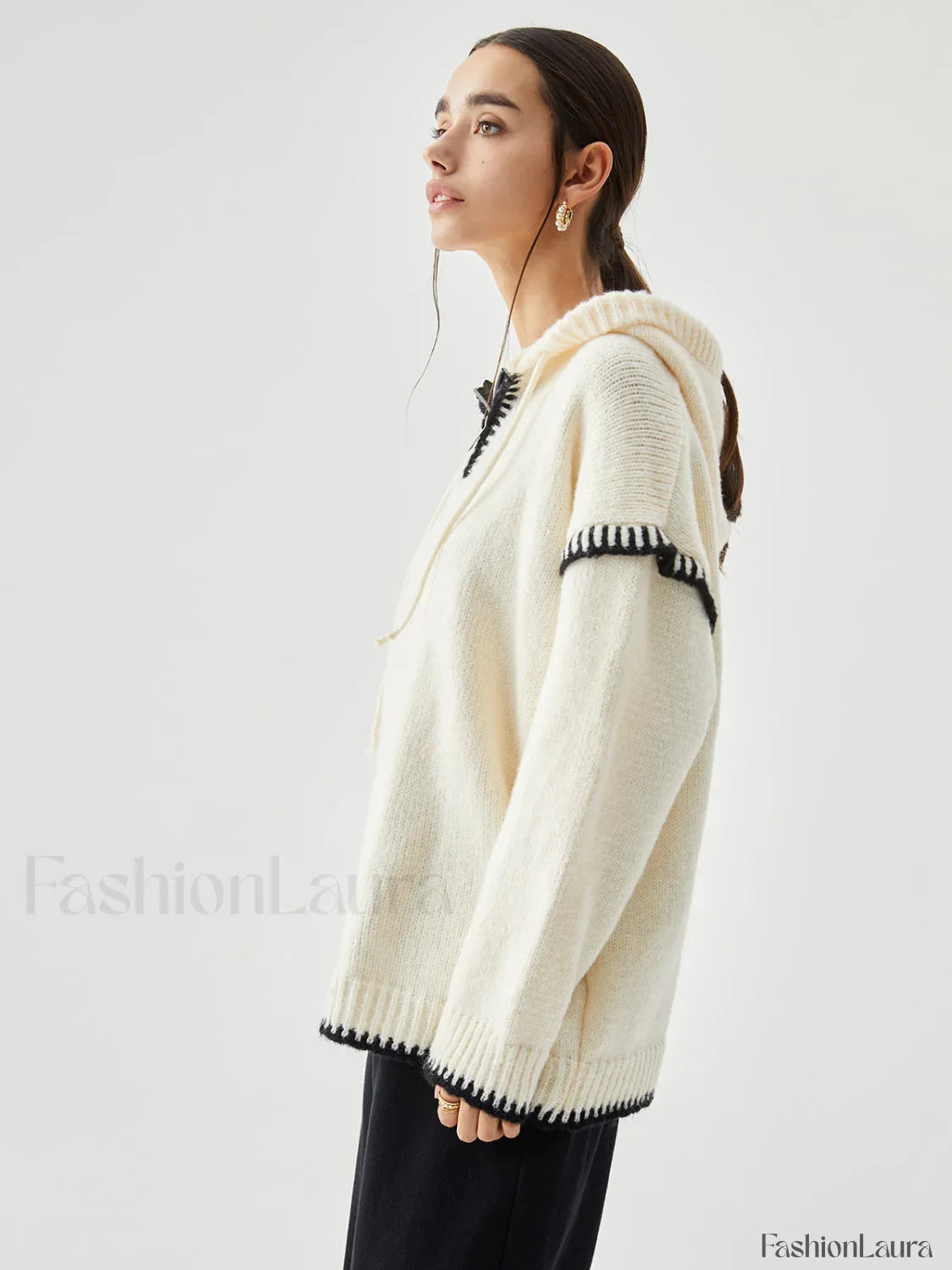 Zippered Hooded Graceful Contrast Trim Sweater