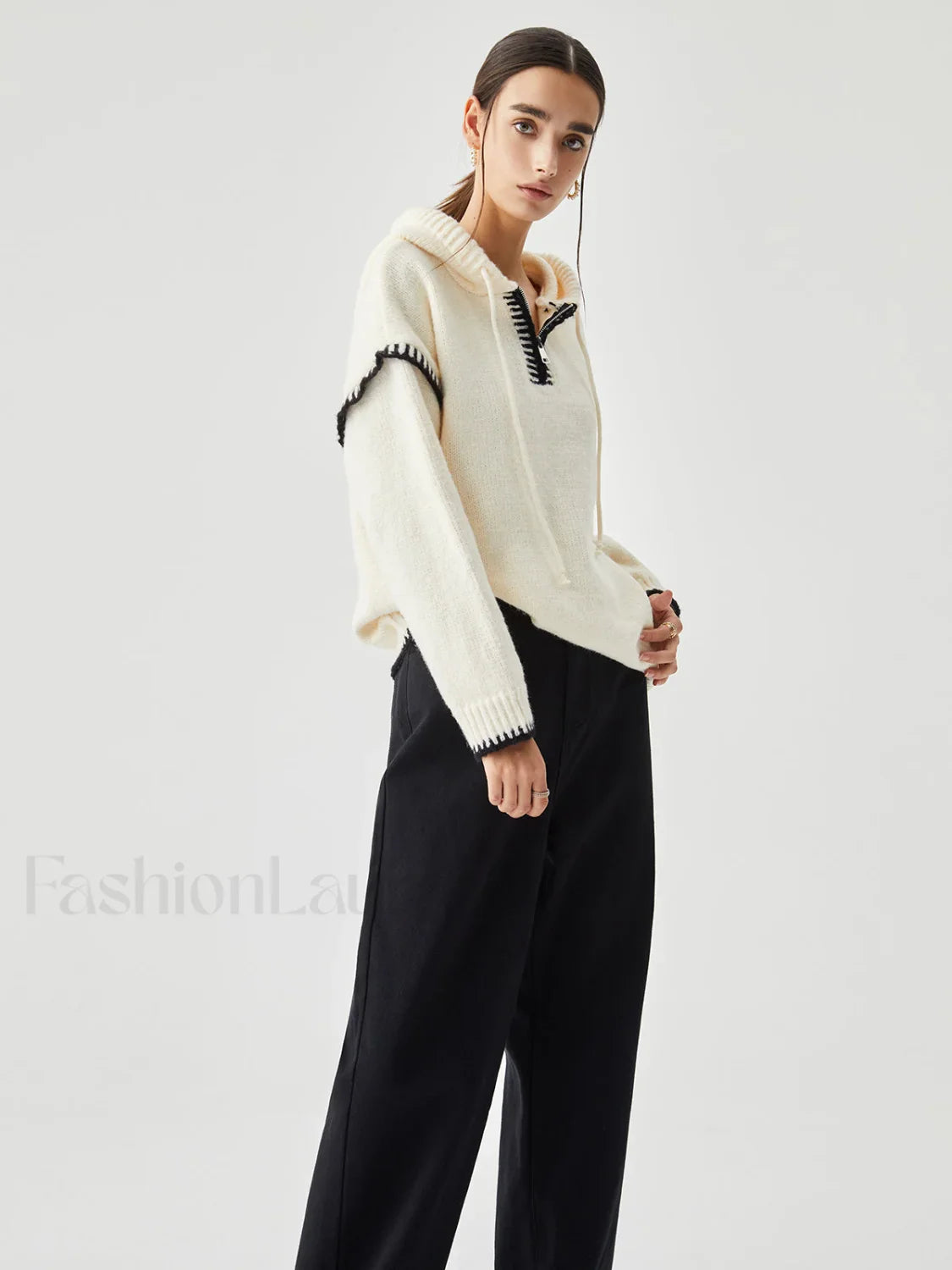 Zippered Hooded Graceful Contrast Trim Sweater
