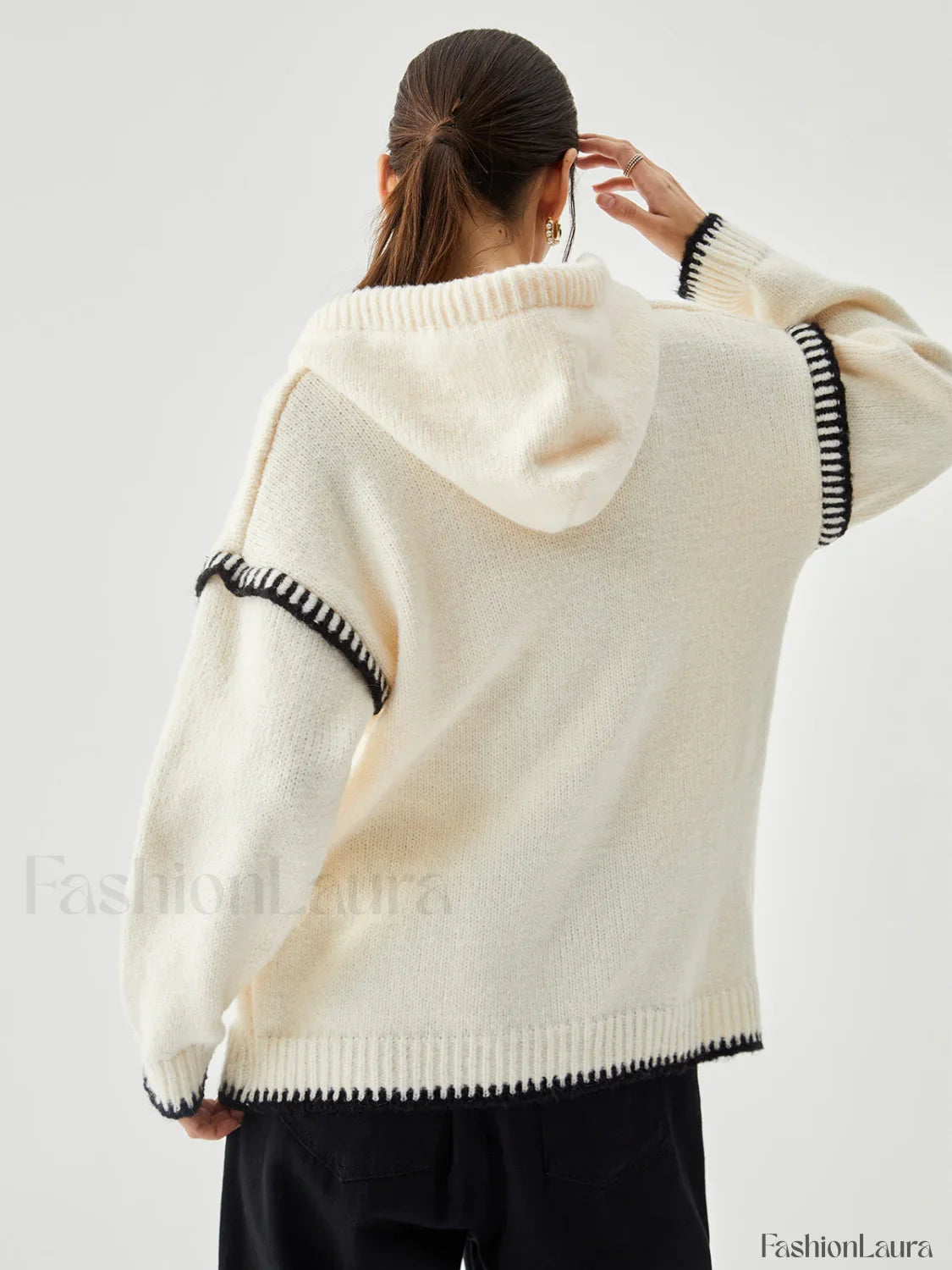 Zippered Hooded Graceful Contrast Trim Sweater