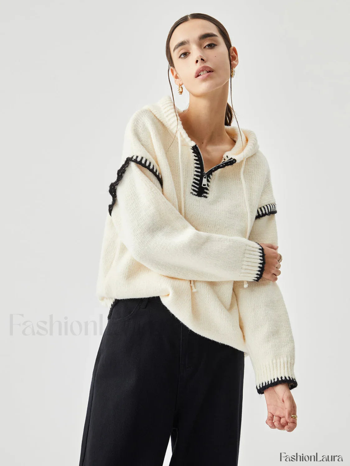 Zippered Hooded Graceful Contrast Trim Sweater