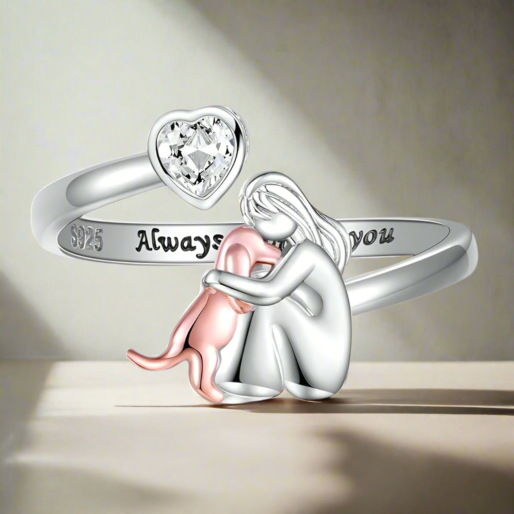 Heart Stone Girl and Dog Adjustable Ring