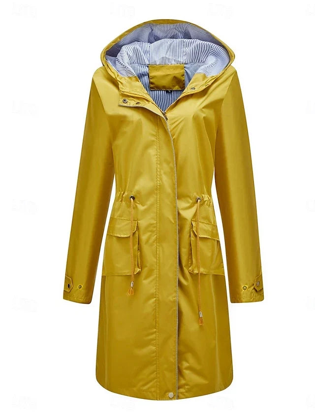 Hooded Drawstring Waist Longline Rain Jacket