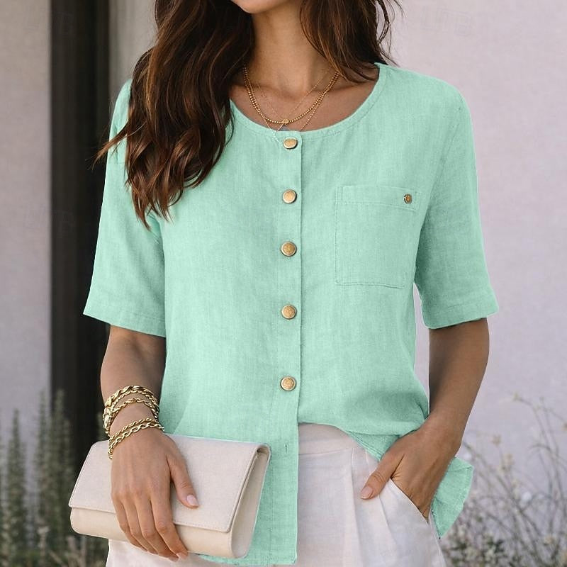 Round Neck Short Sleeve Button Front Blouse
