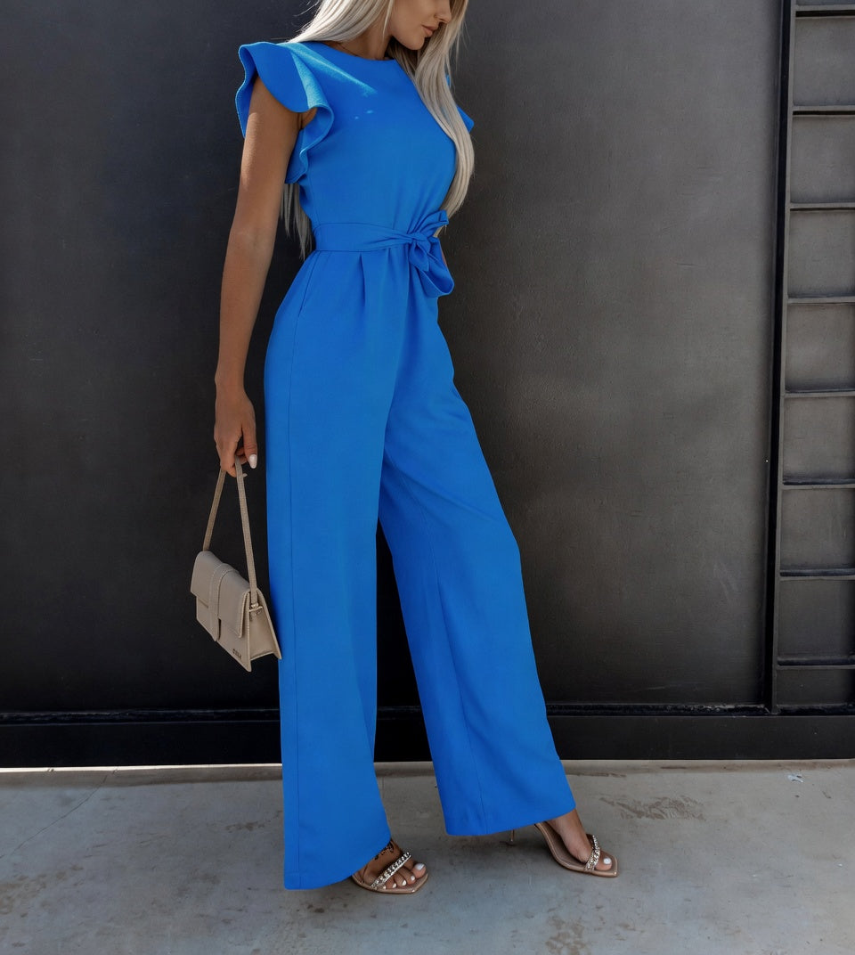 Round Neck Ruffle Sleeve Belted Wide Leg Jumpsuit